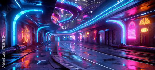 A neon-lit, cyberpunk-inspired cityscape at night, showcasing a grunge aesthetic. The perspective reveals winding roads amidst towering buildings adorned with vibrant lights.