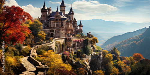 The castle among colorful trees, sitting on the mountain, like a king in his magical kingdom of na photo