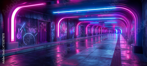 A neon-lit tunnel at night, embodying a cyberpunk aesthetic with grunge elements. The perspective draws the eye into the vibrant, colorful depths.