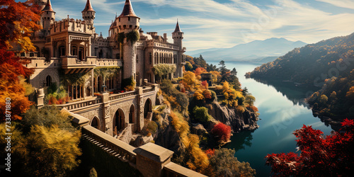 The castle, highly located on the top of the mountain, surrounded by colorful trees, creates a mag photo