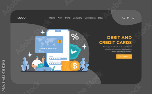 Debit and Credit Cards night or dark mode web or landing page. Streamlined financial transactions and secure card management in the digital age. Empowering consumers with choice. Vector illustration.
