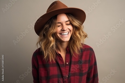 Portrait of a beautiful young woman wearing a cowboy hat and smiling