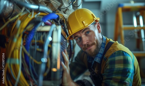 Middle aged caucasian man ship or oil and gas production platform mechanic technician engineer wearing hardhat and safety vest at work looking at camera