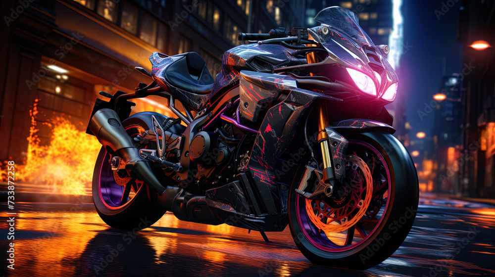 The free spirit of Ryder, conquering the road on a powerful neon motorcycle standing out in a dark