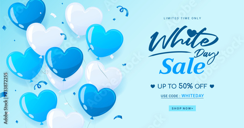 White Day Sale template vector illustration. Blue heart balloons with confetti