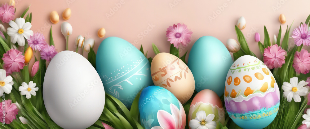 banner colorful easter eggs with flowers, easter card.