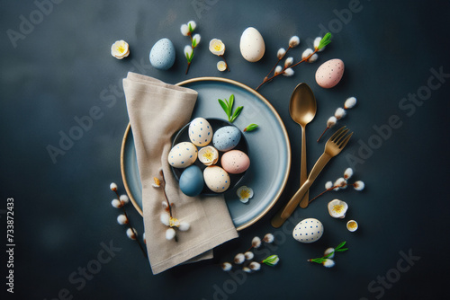 Colored eggs. dark Blue easter background with copy space for text. banner for your design.