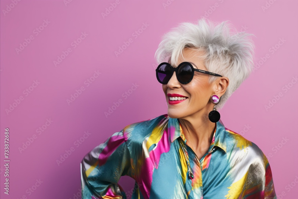 Portrait of a beautiful senior woman in sunglasses over pink background.