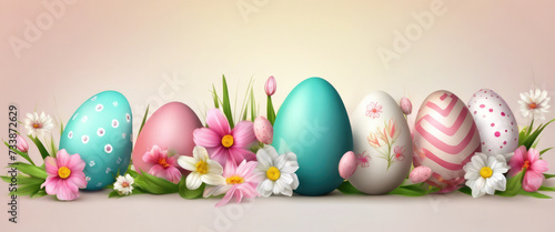 banner with easter theme colored background, eggs and colorful flowers with copy space.