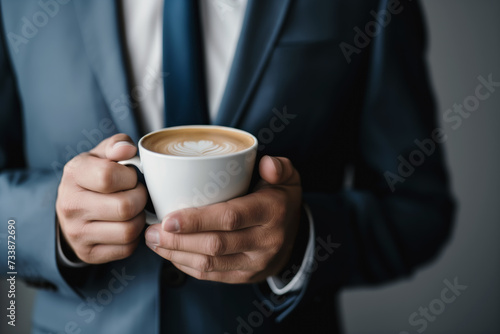 Coffee break  close-up of a businessman s hands in a suit holding a cup of delicious coffee  a moment of relaxation and rest from work.