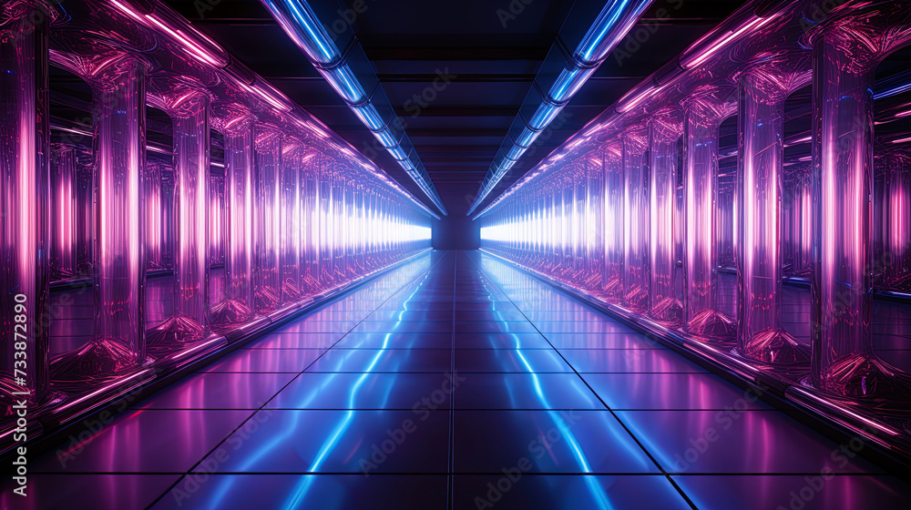 The modern neon corridor, creating the illusion of infinity and inviting to travel along light wa