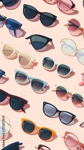 Assorted fashionable sunglasses in a flat lay arrangement on a pink background