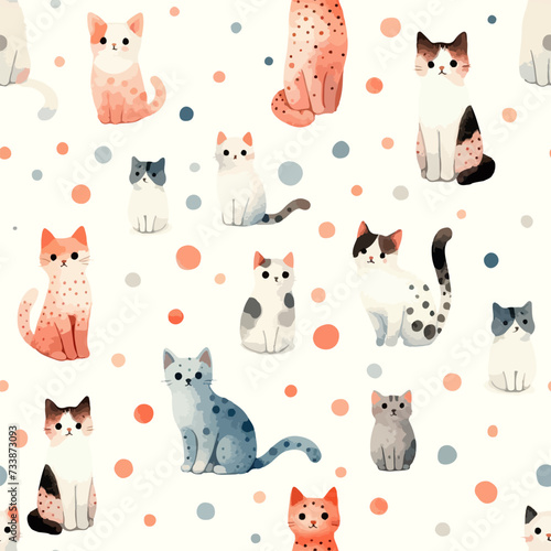 Seamless pattern with watercolor cute cats. Hand Drawn vector illustration.