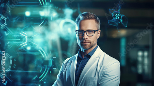 Person. Portrait of Bioengineer on a blurred background in the laboratory