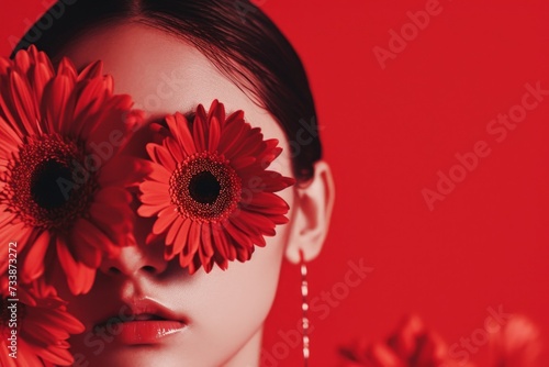Striking portrait of a woman with red flowers obscuring her eyes