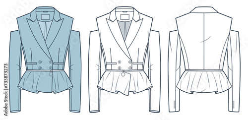 Cutout Blazer technical fashion illustration. Cropped Jacket with zipped peplum fashion flat technical drawing template, double breasted, fitted, front and back view, white, blue, women CAD mockup set