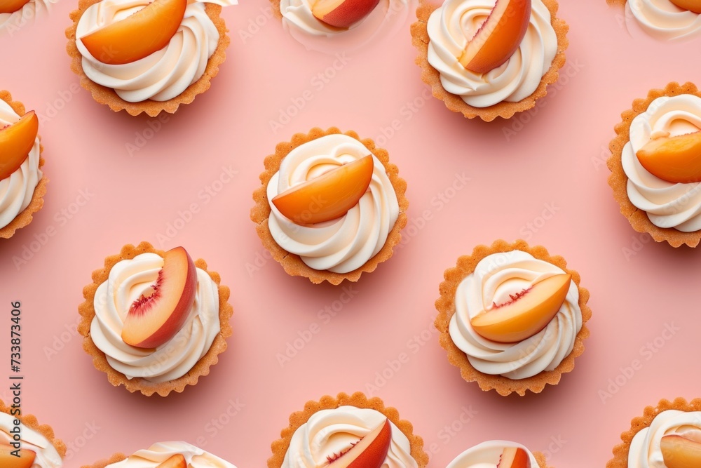 tartlet pattern with cream decorated peach on top, pink-colored background, flat lay. Sweet piece of summer. tartlet pattern with cream decorated peach on top, pink-colored background, flat lay. Sweet piece of summer.