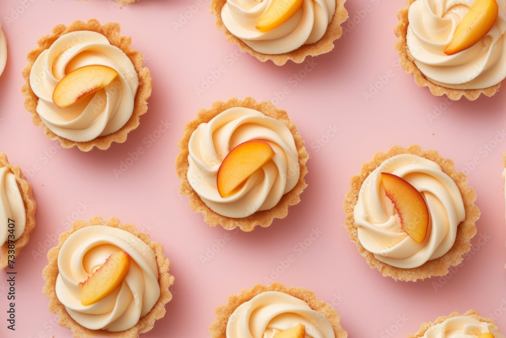 tartlet with cream and aromatic peaches on the pink background, flat lay tartlet with cream and aromatic peaches on the pink background, flat lay