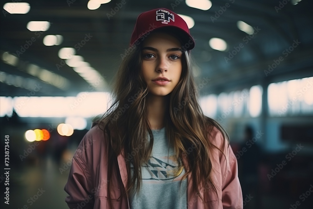 Portrait of a beautiful young woman wearing a baseball cap and jacket Portrait of a beautiful young woman wearing a baseball cap and jacket