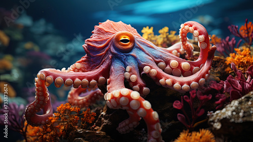 The octopus is gracefully floating at the bottom of the ocean  framed by bright corals  like an ar