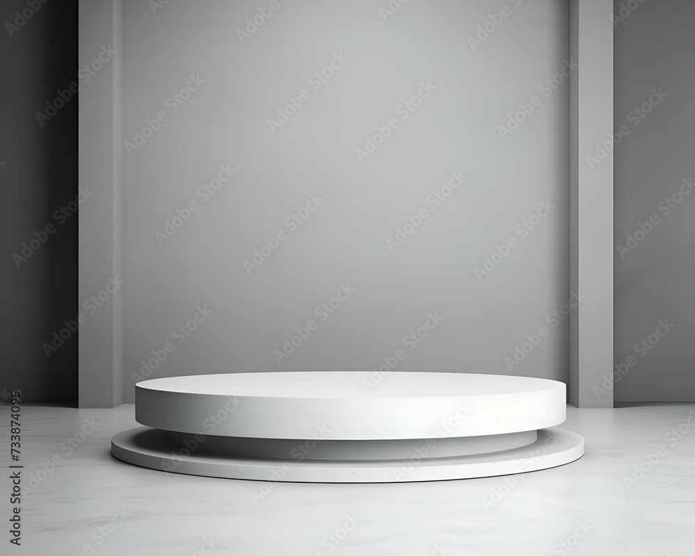 White podium on white marble floor. 3D rendering. Mock up. White podium on white marble floor. 3D rendering. Mock up.