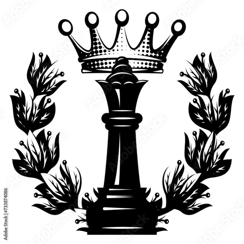 Chess queen with crown and wreath. Vector monochrome image as a template for design