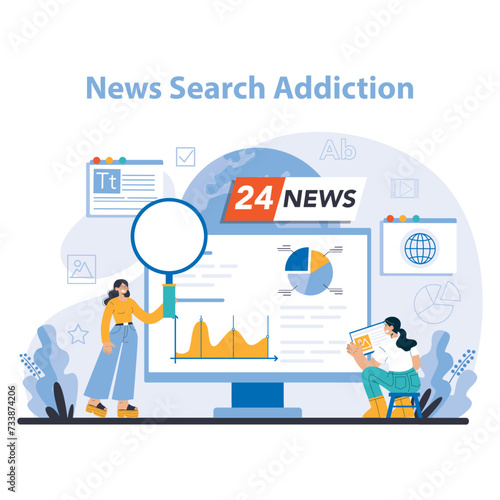 Internet addiction concept. This illustration critiques the obsession with constant news updates, reflecting a society caught in the cycle of information addiction. Flat vector illustration.