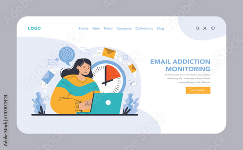 Internet addiction web or landing page. The image reflects the compulsive need to constantly check emails, a visual commentary on email addiction's impact on daily life. Flat vector illustration.
