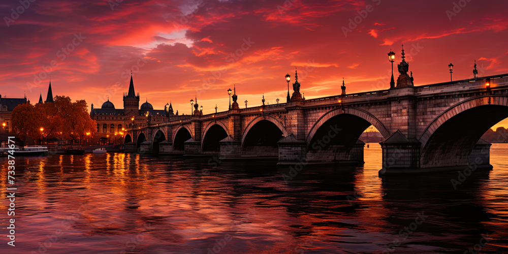 The sunset against the background of the bridge in the city, staining the sky in fiery and pink sh