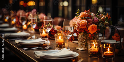 The table in a cozy restaurant, decorated with fresh flowers and candles, with champagne glasses f