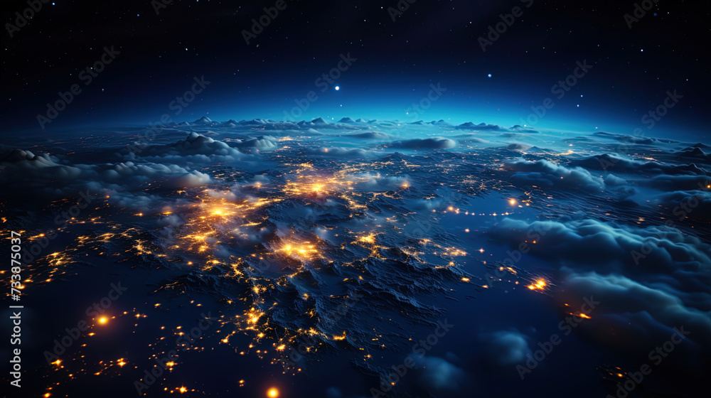 The view of the Earth from the space, where the brilliance of its oceans merges with lights on la The view of the Earth from the space, where the brilliance of its oceans merges with lights on la