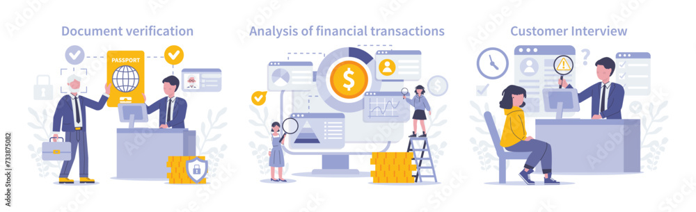 KYC set. Detailed document checks, financial transaction analysis, and personalized customer interviews ensure thorough identity validation. Flat vector illustration. KYC set. Detailed document checks, financial transaction analysis, and personalized customer interviews ensure thorough identity validation. Flat vector illustration.