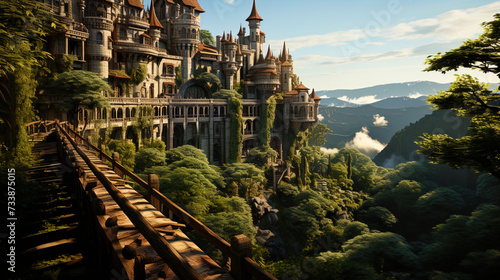 The view of the castle, surrounded by dense forests, where each sheet of wood seems to emphasize t photo