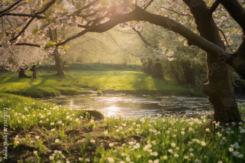 spring in the park, cherry blossom, tree, pink flowers, river