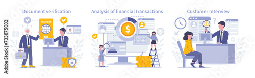 KYC set. Detailed document checks, financial transaction analysis, and personalized customer interviews ensure thorough identity validation. Flat vector illustration.