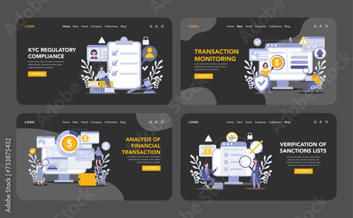 KYC night or dark mode web or landing page set. Illustrations depict rigorous compliance, transaction monitoring, financial analysis, and sanctions screening. Flat vector illustration.