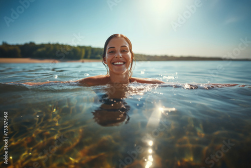 Girl Relishing a Refreshing Swim in the Lake
