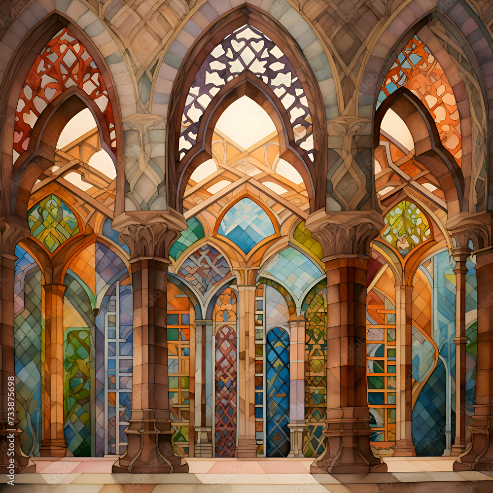 Illustration of a stained glass window in a church with arches
