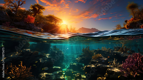 Underwater morning: bright shades of the rising sun create an incredible color show under wate