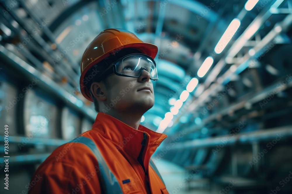 A young engineer in an orange high-visibility jacket and protective helmet stands observant, overseeing the complex machinery of an industrial plant A young engineer in an orange high-visibility jacket and protective helmet stands observant, overseeing the complex machinery of an industrial plant