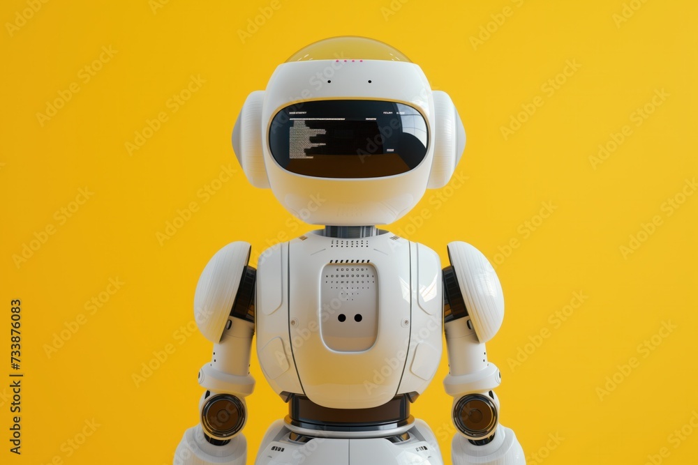 A charming white robot with a digital face display stands ready to interact, its sleek design and advanced technology presented against a bright yellow background that pops with optimism. A charming white robot with a digital face display stands ready to interact, its sleek design and advanced technology presented against a bright yellow background that pops with optimism.