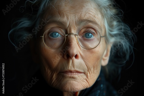 An intimate close-up of an elderly woman's face, showing a lifetime of stories etched in her wrinkles, with clear eyes that reflect wisdom behind thin-rimmed glasses