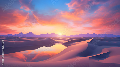 Sunset over sand dunes in desert. 3d render illustration © Wazir Design