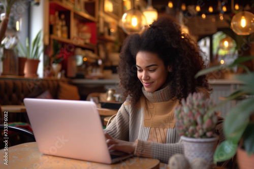 A young African American woman with a radiant smile works on her laptop in the warm, inviting ambiance of a bustling cafe, embodying the flexible modern work lifestyle