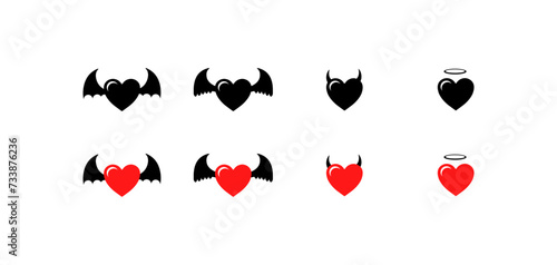 Set of hearts with wings, horns, nymphs. Flat, red, collection of hearts with wings, horns, nymphs. Vector icons