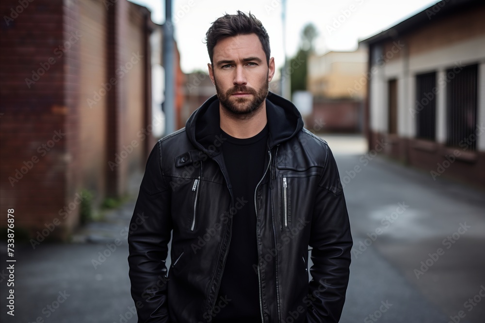 Portrait of a handsome young man with a beard in a black leather jacket. Portrait of a handsome young man with a beard in a black leather jacket.