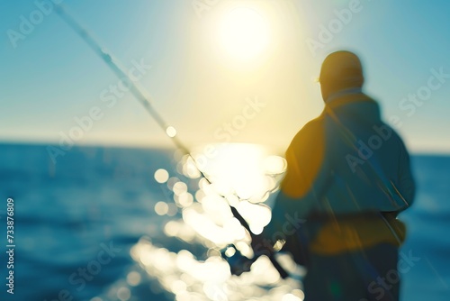 A silhouette of a person fishing during a serene sunset with the sun reflecting off the calm ocean. © Sandris