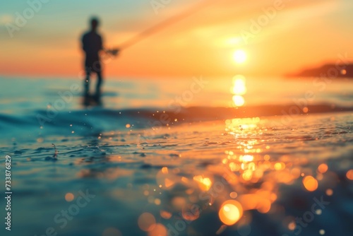 Calm sea surface sparkles at sunset with a fisherman in the background.