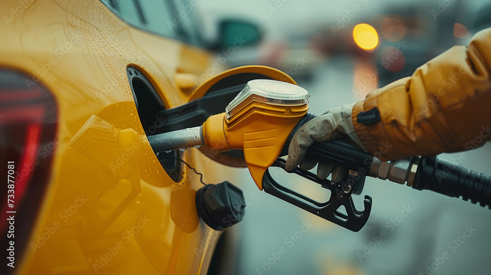 close up Hand with a fuel nozzle refueling station gasoline a vehicle - obrazy, fototapety, plakaty 