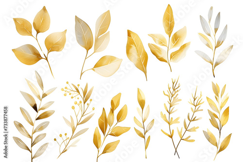 Watercolor design elements collection of golden glitter leaves, branches